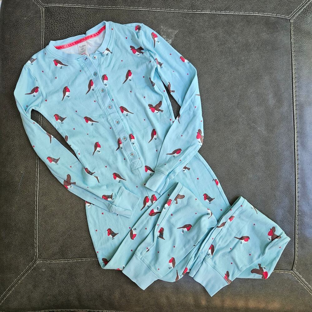 Mini Boden Robin Bird Print Henley Union Suit Pajamas Blue Size 13Y / 158 cm
